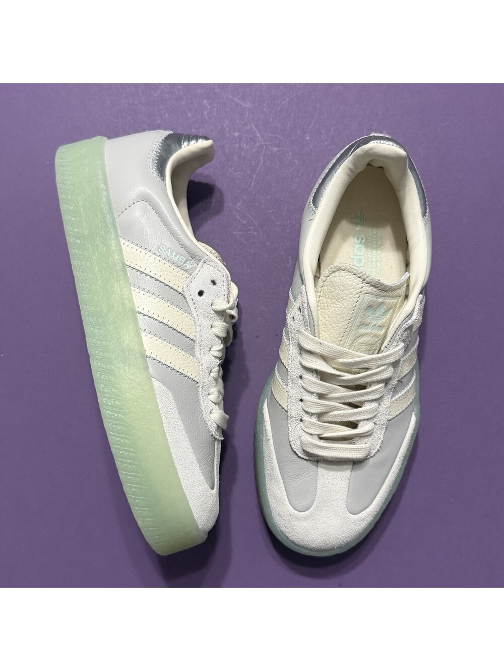 adidas White and Light Green Samba Platform Sneakers